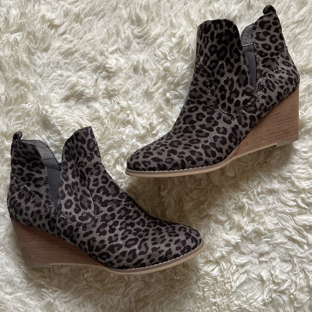 Leopard Print Wedge Boots - Size 7.5